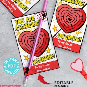 Cartão de dia dos namorados para crianças para impressão, nomes EDITÁVEIS, You are Amazing Valentine, Heart Maze Comic, School Classroom, INSTANT DOWNLOAD