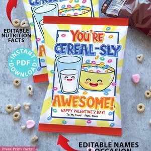Valentine Cereal Bags Wrap, Kids Valentines Cards Printable, EDITABLE names, You&#39;re Cereal-sly Awesome, School Classroom, INSTANT DOWNLOAD