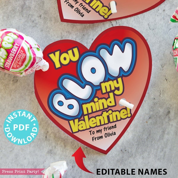 Blow Pop Valentine Printable Heart Template, Kids Valentines Cards, EDITABLE, You Blow my Mind , Classroom Valentines, INSTANT DOWNLOAD