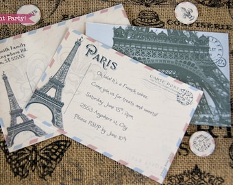 Paris Invitation Printable, Paris Postcard, Envelope Printable, Paris Theme Party, French Vintage, Paris Party Invitation, INSTANT DOWNLOAD