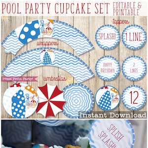 Pool Party cupcake set - Beach Ball Printable Cupcake Wrapper and Toppers - Pool Party Birthday Decorations