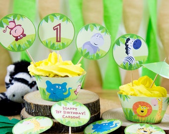 Jungle Safari Cupcake toppers and wrappers printables, Jungle Safari theme Party Decorations, Elephant, Monkey, INSTANT DOWNLOAD