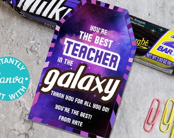 Melkweg Bedankt Cadeaulabel Afdrukbare Leraar Waardering Week Verpleegkundig Assistent Personeel Beste in Galaxy Woordspeling Chocolade Snoep Bewerkbare gunst