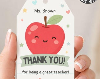 Editable Apple Gift Tag Printable, Kawaii Teacher Appreciation Week Favor, School Staff Thank You Label, Educator End of School Present