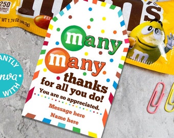 m&ms Thank You Gift Tag Printable Teacher Appreciation Week Nurse Assistant Staff Driver Many Many Thanks mms Chocolate Candy Editable Favor