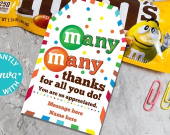 m & ms dank u cadeau label afdrukbare leraar waardering week verpleegkundige assistent personeel chauffeur veel dank mms chocolade snoep bewerkbare gunst