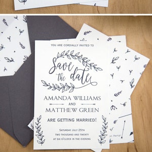 Réservez la date cartes imprimable, feuille rustique de mariage, mariage de style bohème, réservez le modèle de date, noir et blanc, téléchargement immédiat