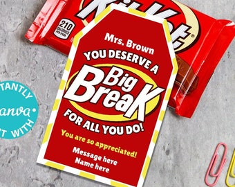 KitKat dank u cadeau label afdrukbare leraar waardering week verpleegkundige assistent personeel chauffeur grote pauze woordspeling chocoladereep bewerkbare gunst