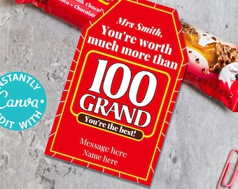 100 Grand Thank You Gift Tag afdrukbare leraar waardering week verpleegkundige assistent personeel chauffeur waard woordspeling chocolade snoep bewerkbare gunst