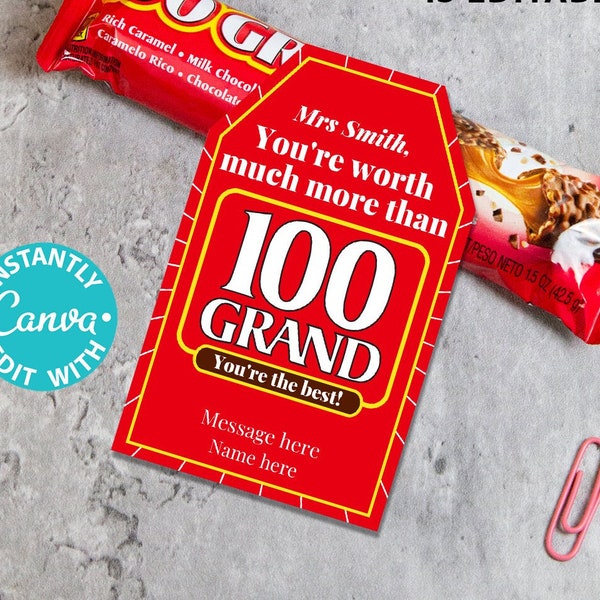 100 Grand Thank You Gift Tag Printable Teacher Appreciation Week Nurse Assistant Staff Driver Worth Pun Chocolate Candy Editable Favor