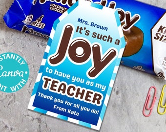 Joy Candy Thank You Gift Tag Printable Teacher Appreciation Week Nurse Assistant Staff Driver Such a Joy Pun Chocolate Candy Editable Favor