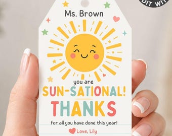 Editable Thank You Gift Tags, Teacher Appreciation Week, Nurse, Driver, Employee Thank You Label, You Are Sun-Sational Staff Thanks Sunshine
