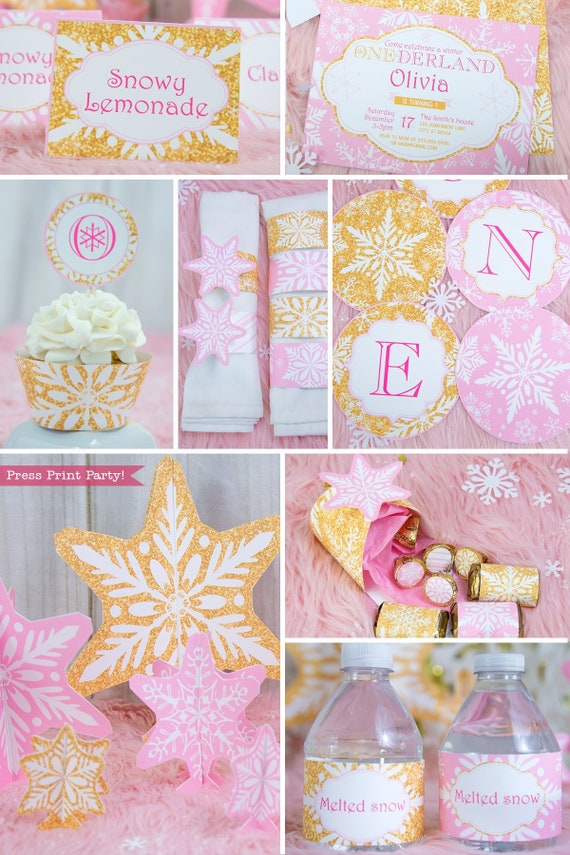 Download Winter Onederland Birthday Party Package Printable Pink Gold Snowflakes Decorations Girl First Birthday Party Invite Instant Download By Press Print Party Catch My Party