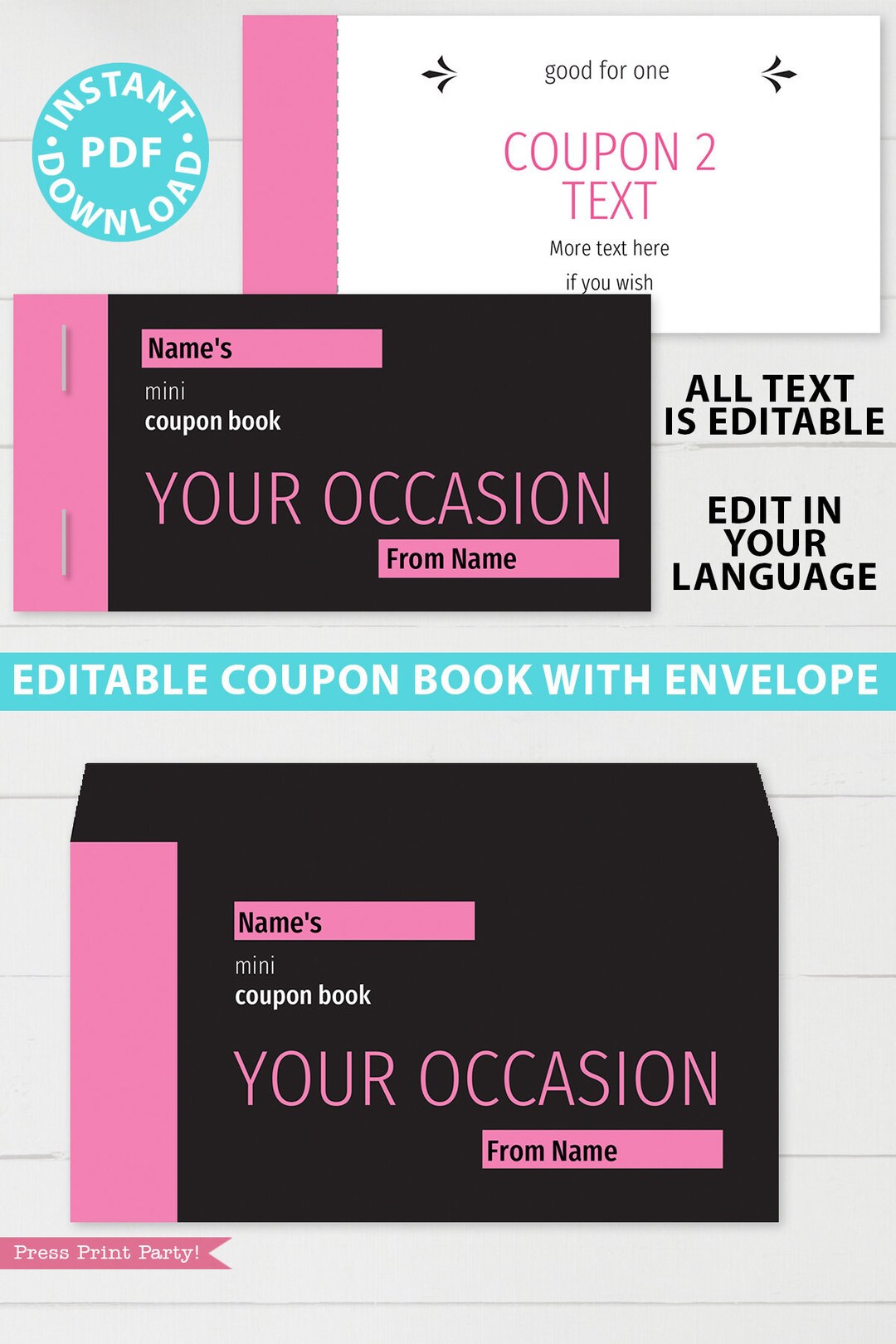 Printable Coupon Book Template Pink, Any Occasion Gift Idea, Editable ...