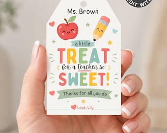 Editable Thank You Gift Tags, A little Treat for a Teacher So Sweet, Teacher Appreciation Week, School Thank You Label, Apple Pencil Card