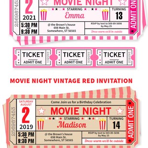 May include: Pink and white movie ticket invitation for a birthday party. The invitation features a movie ticket design with a red star, popcorn, and the text "Movie Night". The invitation is for a girl turning 13 and includes the date, time, and location of the party. The text "RSVP by text to 569-89-5698 by May 25" is included. The text "Dress warm we'll be outside" is also included.