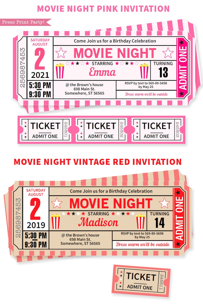 May include: Pink and white movie ticket invitation for a birthday party. The invitation features a movie ticket design with a red star, popcorn, and the text "Movie Night". The invitation is for a girl turning 13 and includes the date, time, and location of the party. The text "RSVP by text to 569-89-5698 by May 25" is included. The text "Dress warm we'll be outside" is also included.
