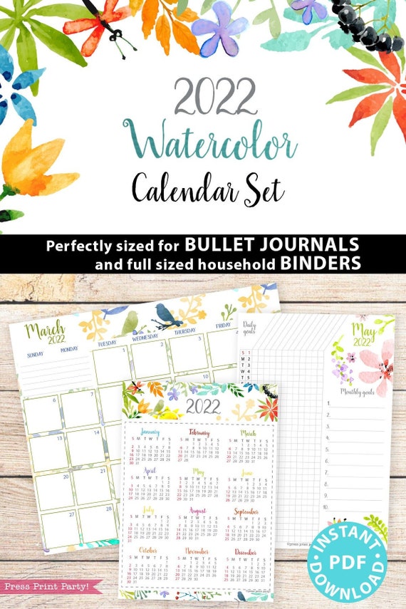 2022 Printable Calendar Template Set Watercolor Design | Etsy