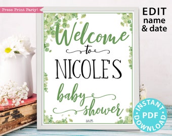 Eucalyptus Welcome to Baby Shower Sign Printable, w. Editable Name, Custom Name Baby Shower Template, Rustic, Frame, Girl, INSTANT DOWNLOAD