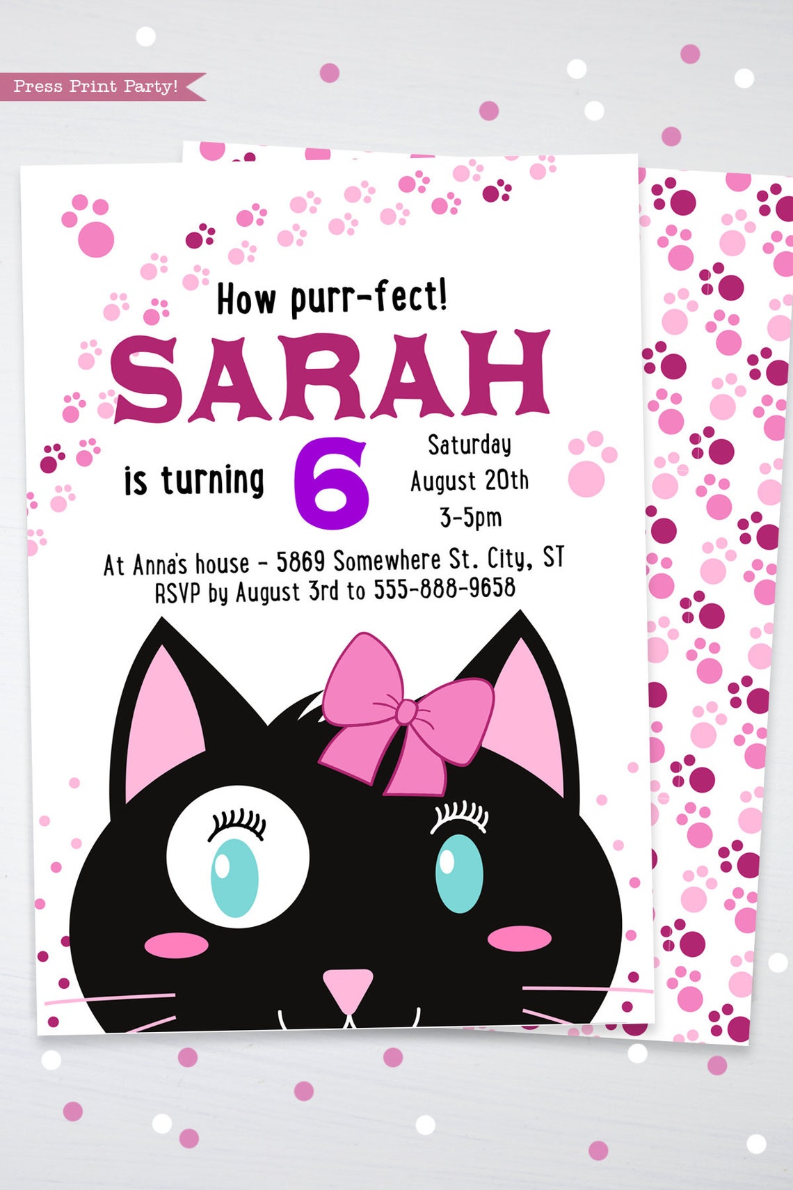 Cat Birthday Invitation for Girls Kitty Birthday Party - Etsy