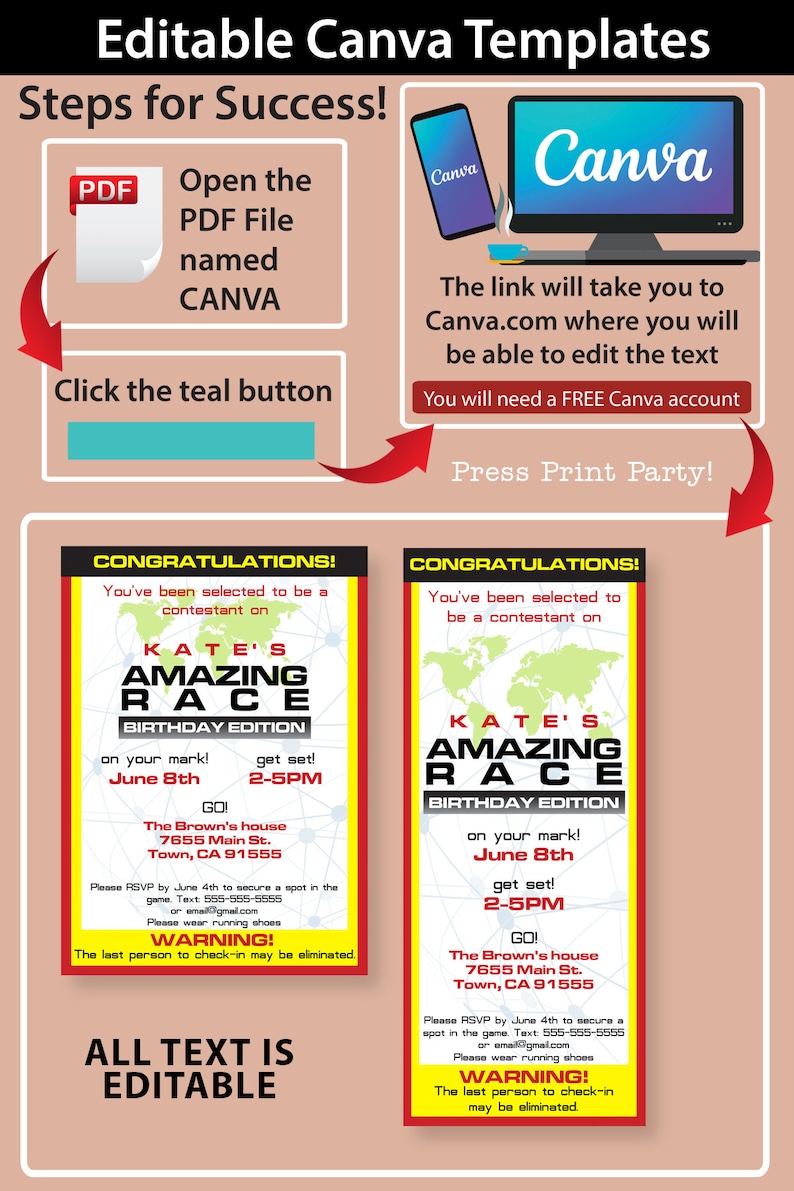 Editable Amazing Race clue cards and invitation with labels. Make your own Amazing Race Party Challenges