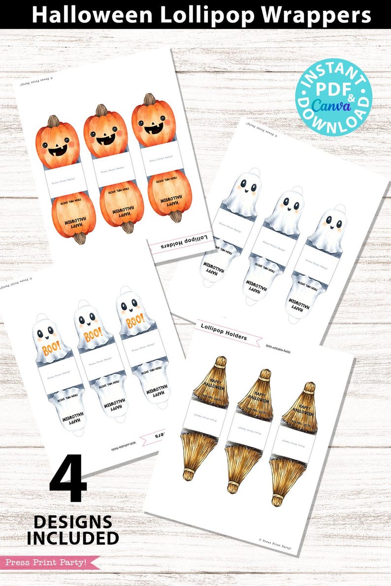 Halloween lollipop wrappers. ghost, pumpkin, broom. 4 designs included - tootsie pop, blow pop