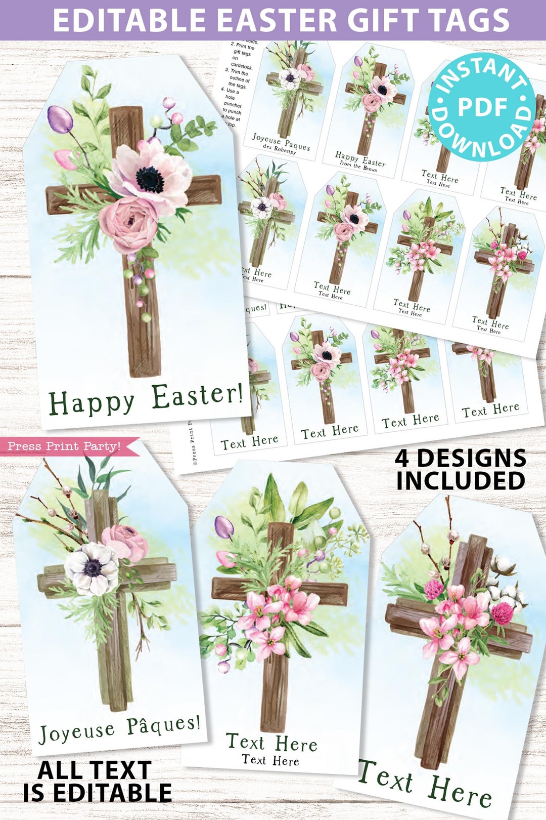 EDITABLE Easter Gift Tags Printable, Easter Basket Tag, Religious Happy Easter, Watercolor ...