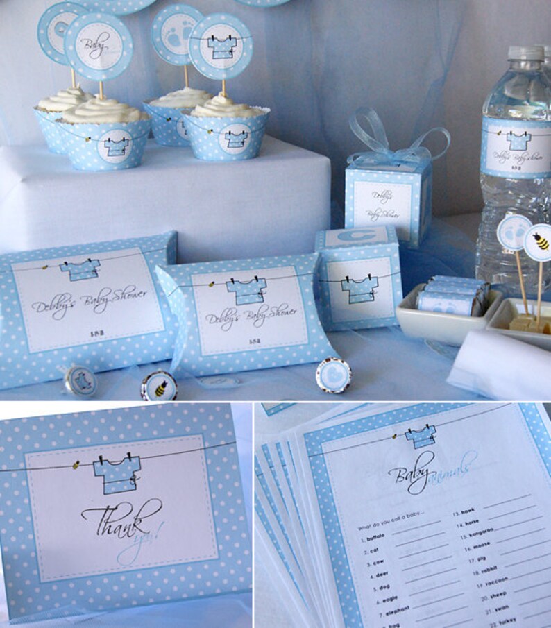 K&ouml;nnte beinhalten: Blaue und wei&szlig;e Babyparty-Dekorationen mit einem W&auml;scheleine-Thema. Die Dekorationen beinhalten Cupcakes, Geschenkboxen, eine Wasserflasche und eine Spielkarte. Der Text auf den Dekorationen lautet "Debby's Baby Shower".