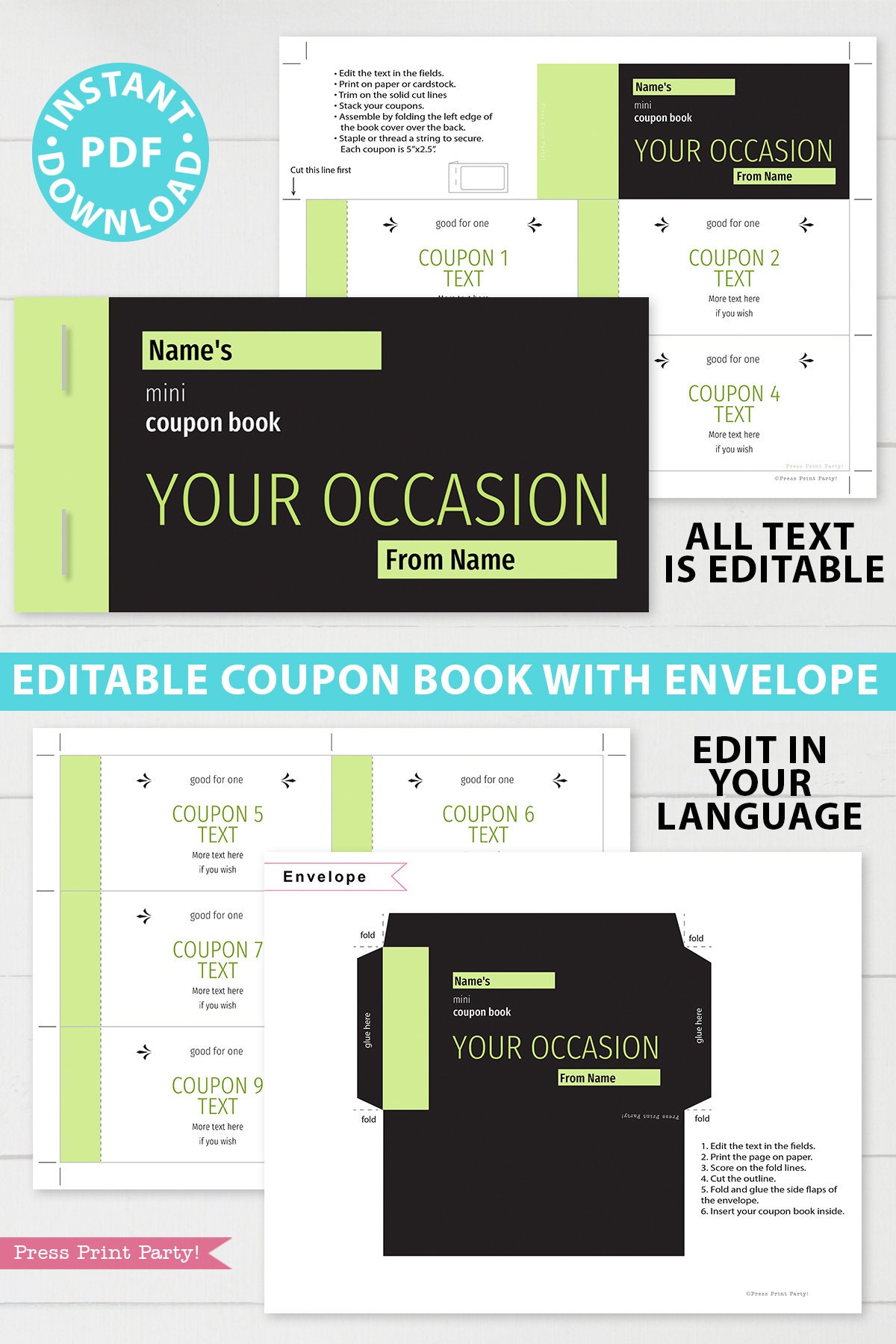 Printable Coupon Book Template Green, Any Occasion Gift Idea, Editable ...