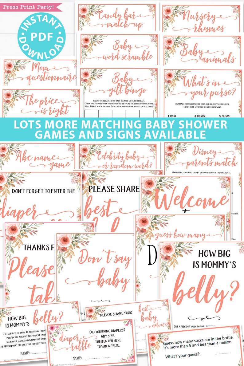 Baby Shower Games Bundle Printable, Peach Flowers, Games Pack, Unique Baby Shower Games, Funny Activities, Girl, Bingo, INSTANT DOWNLOAD image 10