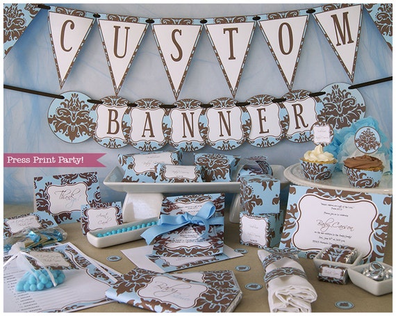 Blue And Brown Baby Shower Decorations Printable Set Boy Baby Etsy