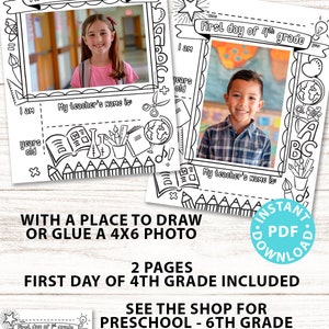 Puede incluir: Página para colorear imprimible en blanco y negro para el primer día de 4º grado. La página presenta un marco para una foto, un lugar para escribir el nombre del estudiante, la edad y el nombre del maestro, e ilustraciones con temática escolar.