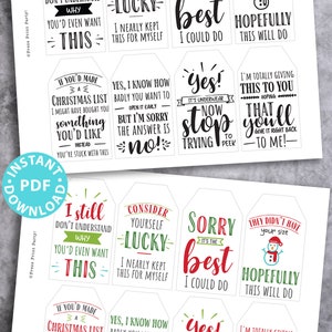 funny Christmas tags, holiday gift tags, 80 sayings black white and red and green color designs. Hilarious messages  Christmas gifts Gift for her, gift for him, gift for coworkers, gift for kids Gift wrapping white elephant Press Print Party!