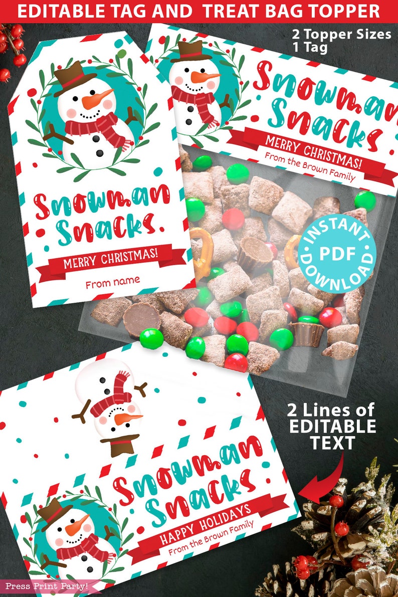 May include: Printable Christmas treat bag topper featuring a snowman with a red scarf and a blue hat. The text reads "Snowman Snacks. Merry Christmas!" and "From the Brown Family".