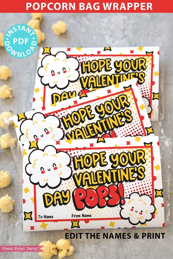 Valentine Popcorn Wrap Printable, Personalized Popcorn Bags, Kids Valentines Cards, Hope Your Valentine's Day Pops, INSTANT DOWNLOAD Il_570xn