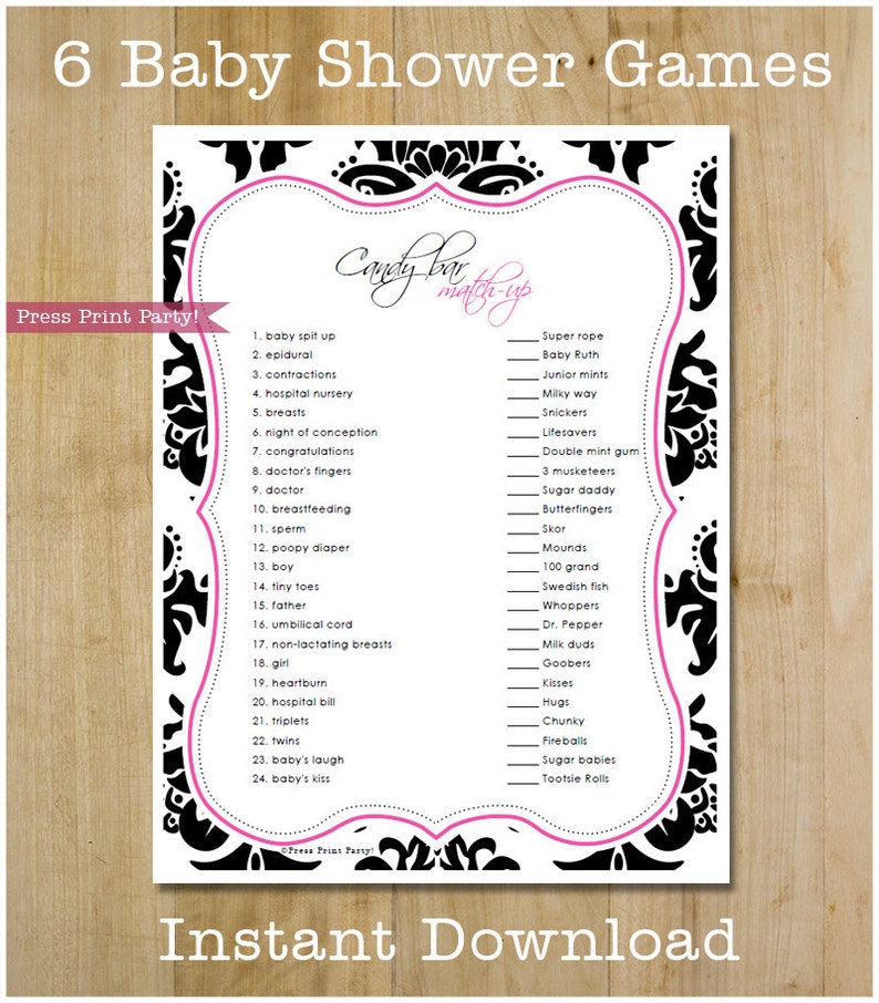 Baby Shower Game Pack Printable, Girl Baby Shower, Elegant Baby Shower, Black & Hot Pink Damask, Baby Scramble, Baby Bingo, INSTANT DOWNLOAD image 4