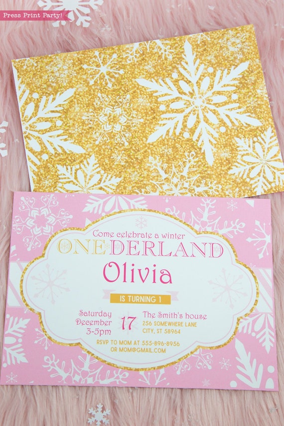 Winter ONEderland Invitation Printable, Pink and Gold, Snowflakes, Girl First Birthday Party, 1st birthday invitation, INSTANT DOWNLOAD Il_570xn