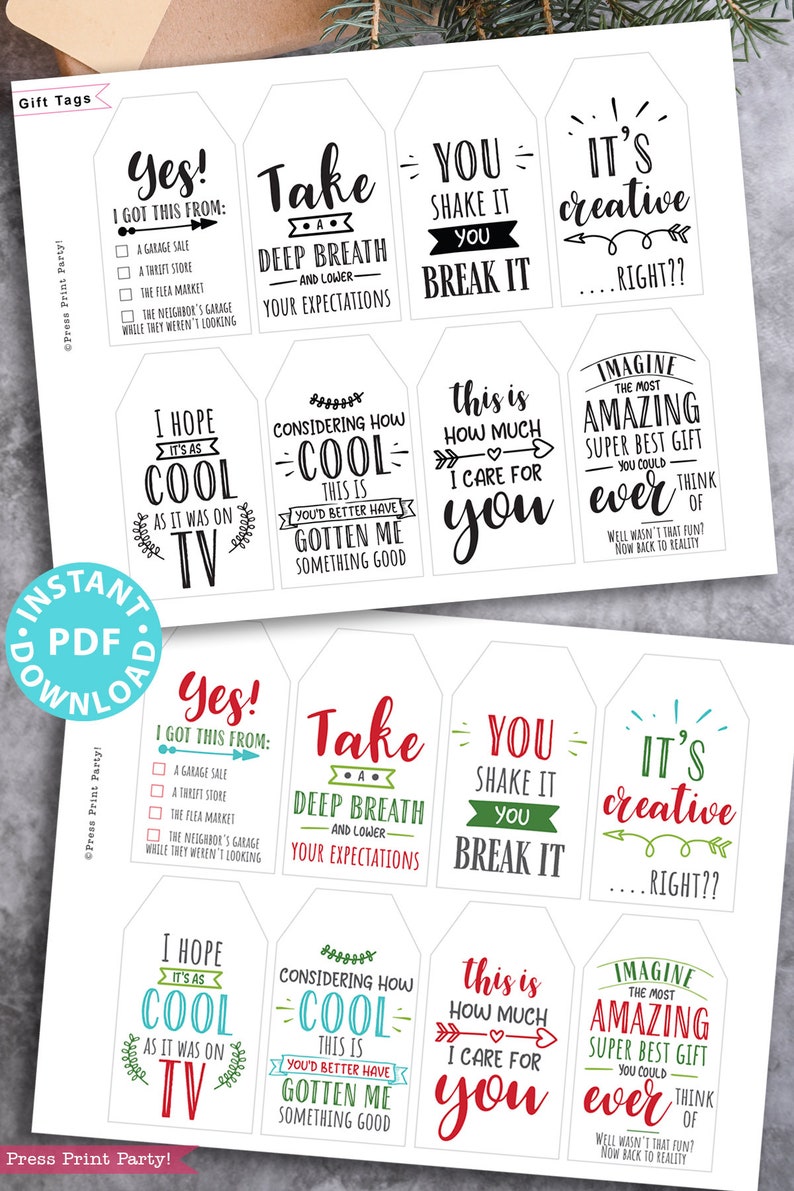 funny Christmas tags, holiday gift tags, 80 sayings black white and red and green color designs. Hilarious messages  Christmas gifts Gift for her, gift for him, gift for coworkers, gift for kids Gift wrapping white elephant Press Print Party!