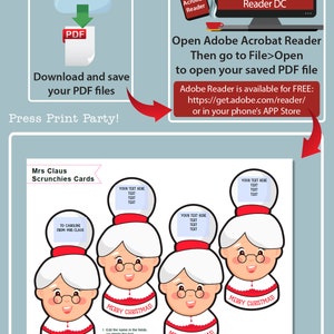 May include: Printable PDF template for Mrs. Claus scrunchie cards. The template features five Mrs. Claus illustrations with editable text fields for personalization. The instructions include editing the name, printing on white cardstock, cutting with scissors, and wrapping a scrunchie at the base.