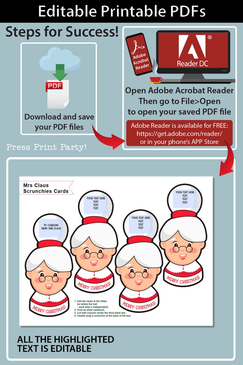 May include: Printable PDF template for Mrs. Claus scrunchie cards. The template features five Mrs. Claus illustrations with editable text fields for personalization. The instructions include editing the name, printing on white cardstock, cutting with scissors, and wrapping a scrunchie at the base.