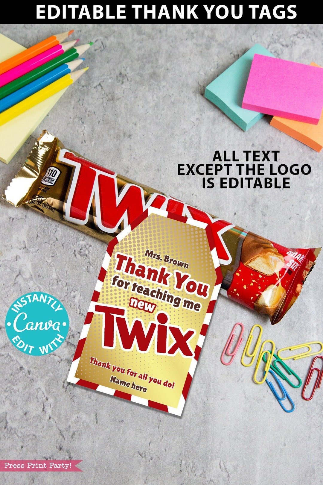 Twix Thank You Gift Tag Printable Teacher Appreciation Week Nurse ...