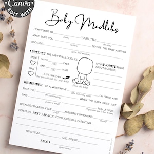 Carte de jeu drôle de bébé Madlibs, jeu moderne minimaliste imprimable pour baby shower, souvenir de fête modifiable pour maman, activité cadeau de conseils aux nouveaux parents