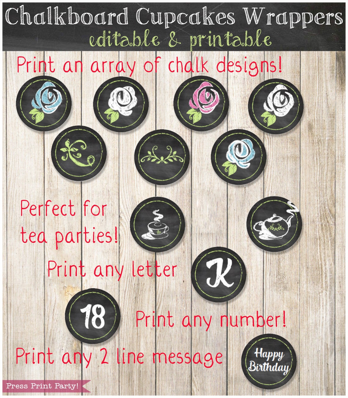 Chalkboard Cupcake Wrappers and Toppers Editable &amp; Printable | Etsy