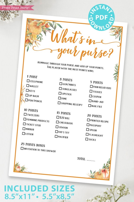 Little Pumpkin What's in Your Purse Baby Shower Game Printable, Game Template, Funny Shower Activities, Fall Rustic, INSTANT DOWNLOAD by Press Print Party! | Catch My Party Little Pumpkin What's in Your Purse Baby Shower Game Printable, Game Template, Funny Shower Activities, Fall Rustic, INSTANT DOWNLOAD by Press Print Party! | Catch My Party