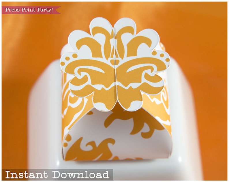 Party Supply INSTANT DOWNLOAD Bridal Shower Favor Flower Treat Box Printable Wedding Favor Box Gift Box Flower Favor Box Orange Damask