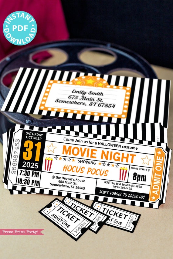 Halloween Movie Night Invitation Printables, Orange and Black Ticket Template, Ticket stub for Halloween Party Invite, INSTANT DOWNLOAD Il_570xn