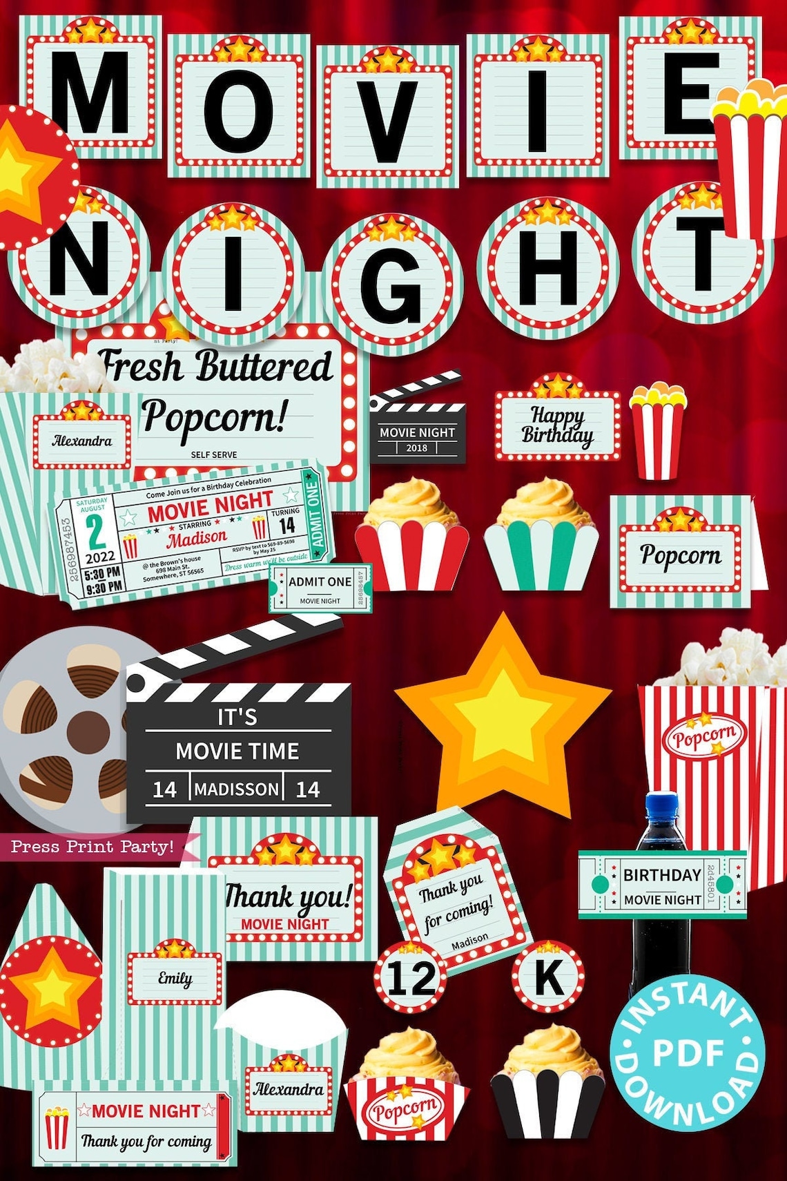 Movie Night Party Printables Teal Rustic Movie Night - Etsy