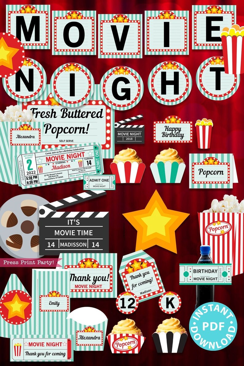 Movie Night Party Printables Teal Rustic, Movie Night Invitation, Birthday Party, Movie Night Sign, Popcorn Box, Toppers, INSTANT DOWNLOAD image 1