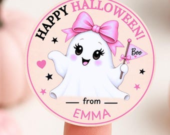 Pink Coquette Flag Ghost Halloween Stickers, Round Avery Labels, Personalized Canva Template, Cute Treat Bag Printable, Digital Party Favor