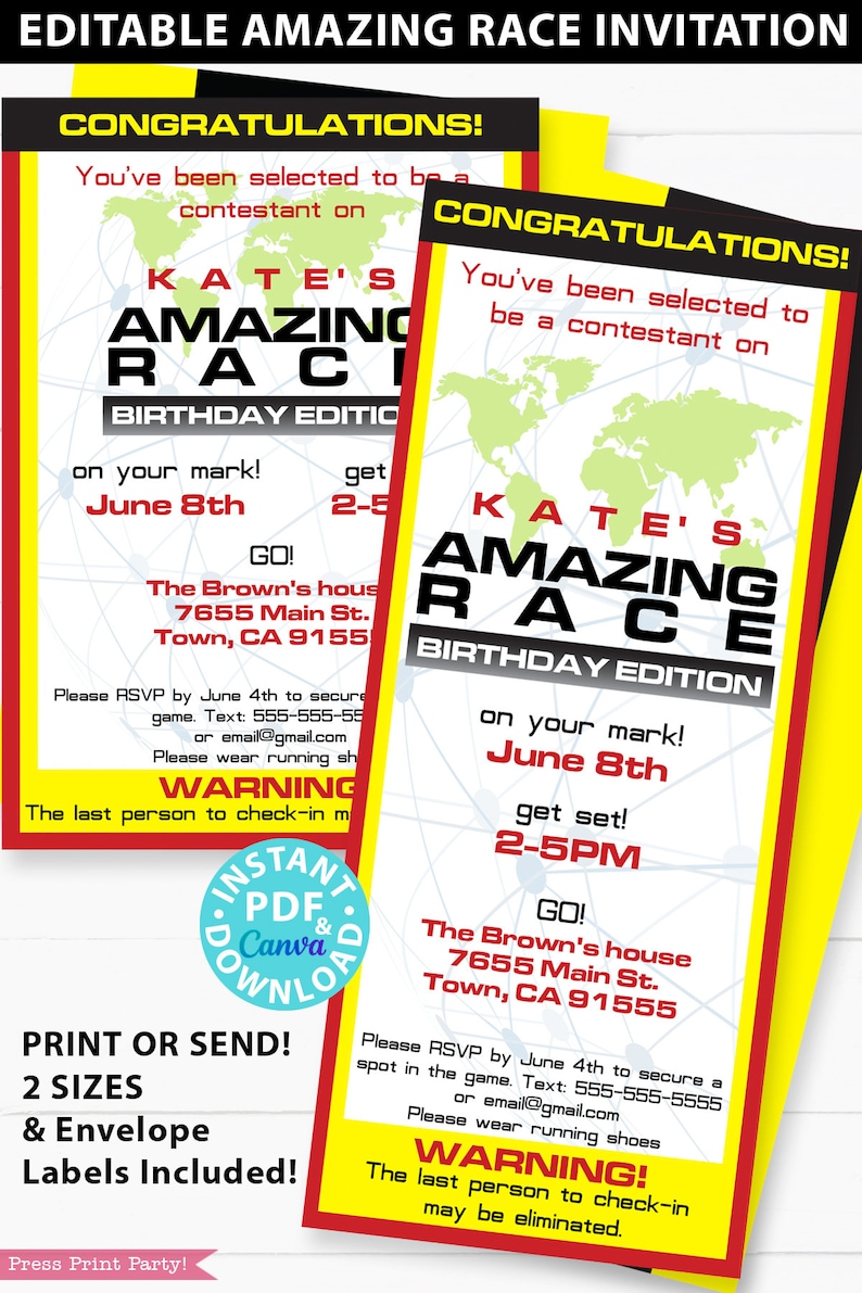 Editable Amazing Race clue cards and invitation with labels. Make your own Amazing Race Party Challenges